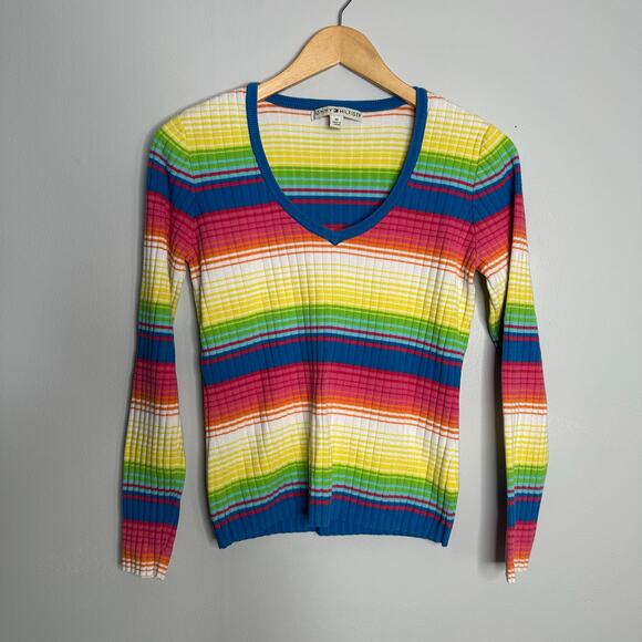 Tommy Hilfiger Women's V-Neck Rainbow Striped Long Sleeve Pullover Sweater Sz M‎ - Picture 1 of 6
